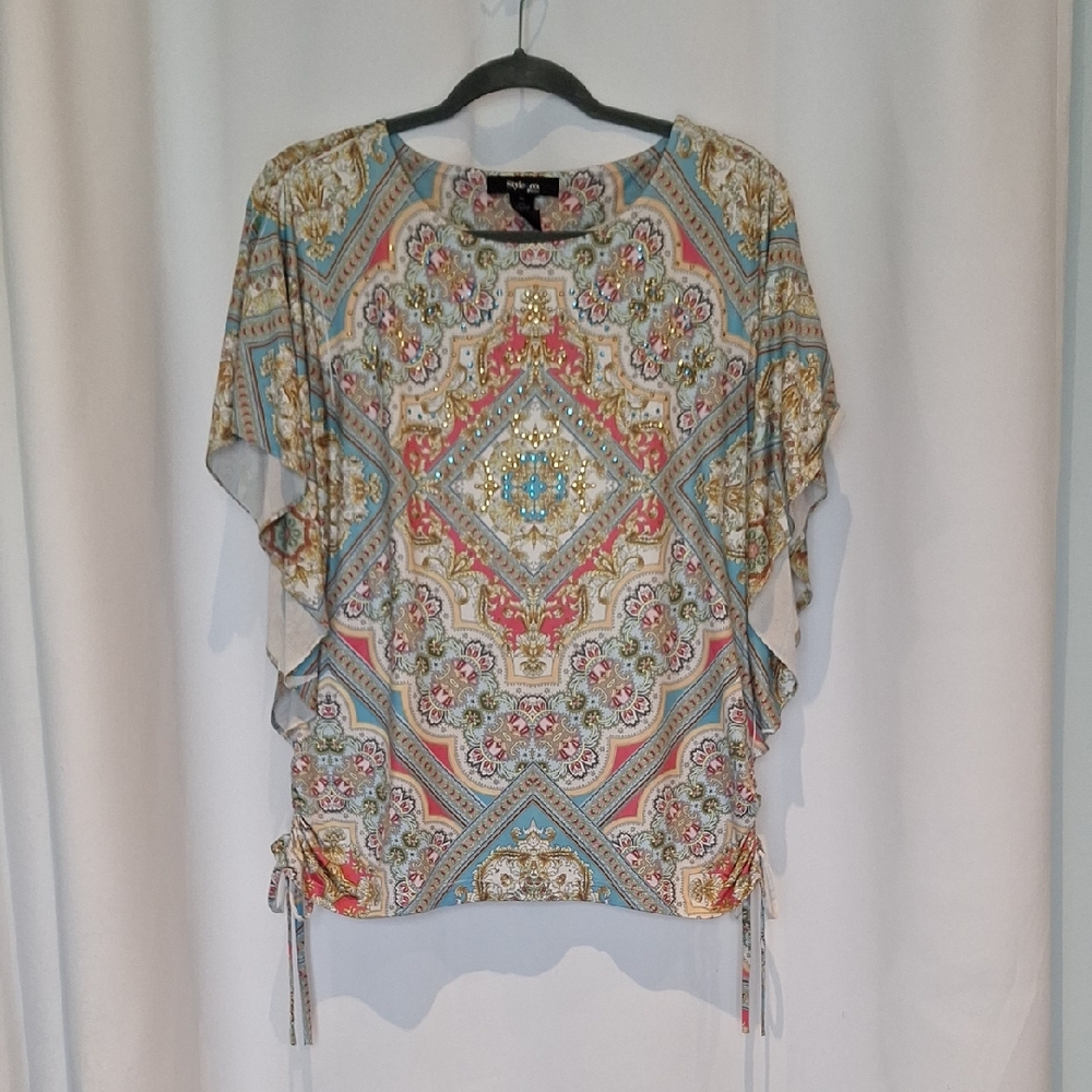 Style & Co Women's Multicolor boho Patterned Top Size PL